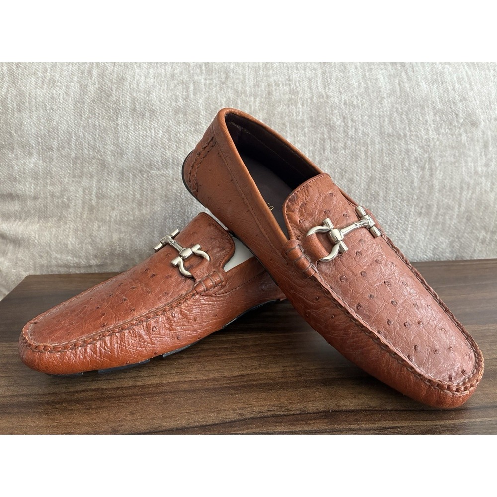 Boozie & Co Genuine Ostrich Quill Driving Moccasins Bit Loafer Cognac Tan Sz 8